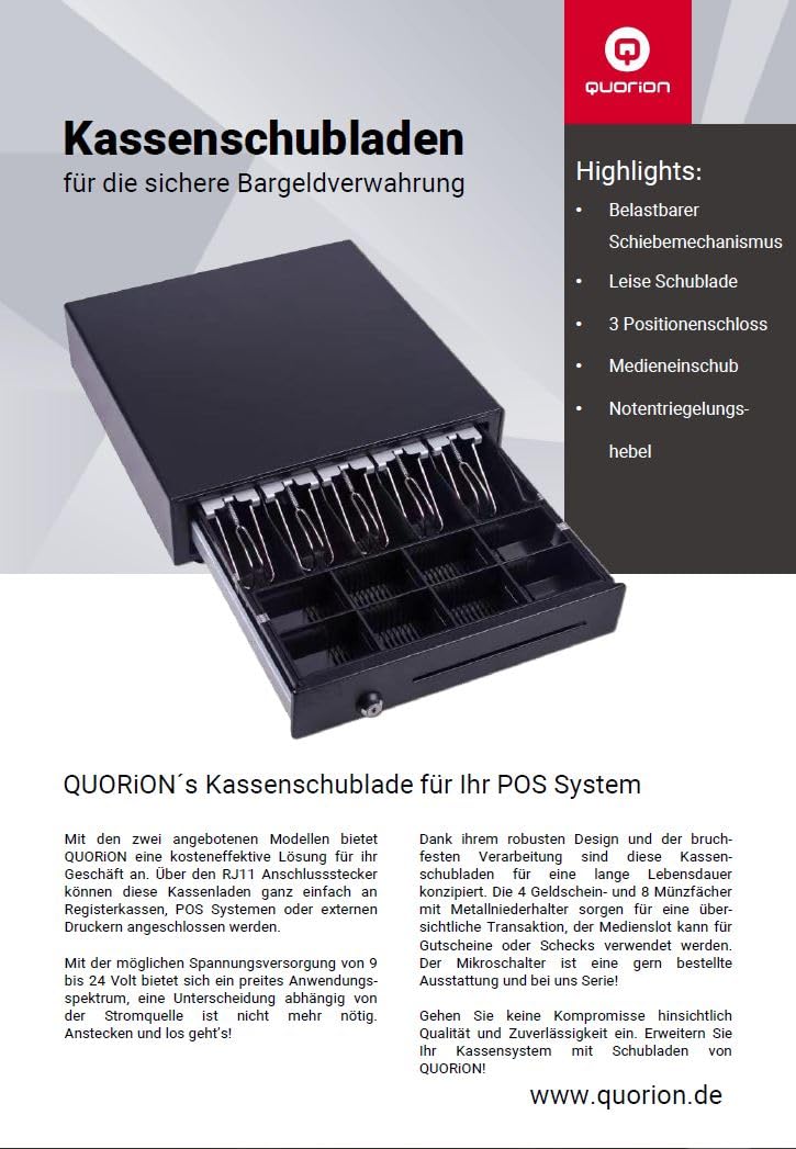 QUORION 410F Kassenlade für PC/POS Kassensysteme, RJ11, 8 Münz- und 4 Scheinfächer, 12V/24V