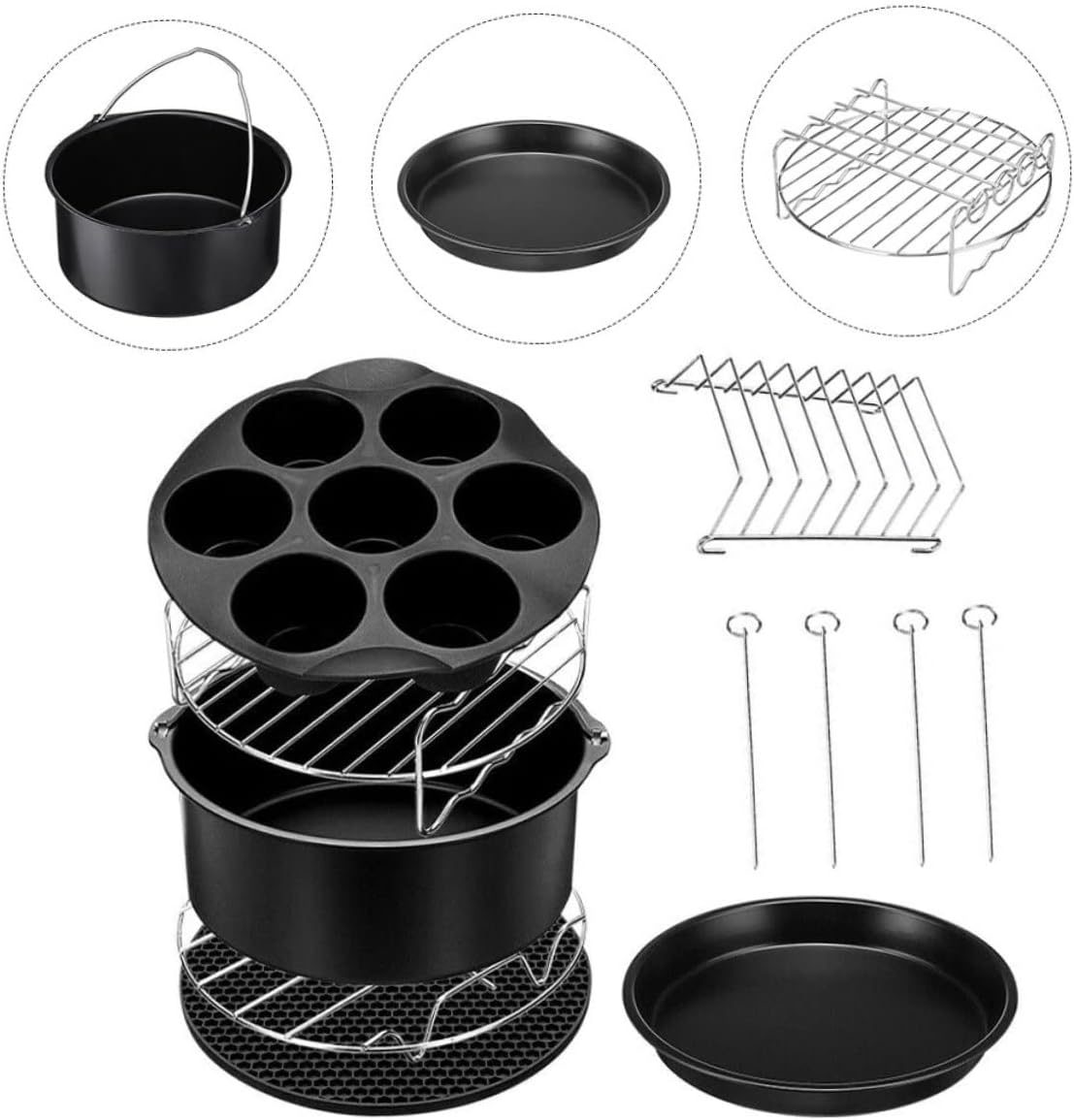 UPKOCH 1set Air Fryer Accessories Cooking Barbecue Parties Includes Cake Pan Pizza Tray and Frying Rack for Outdoor and Indoor Use Black