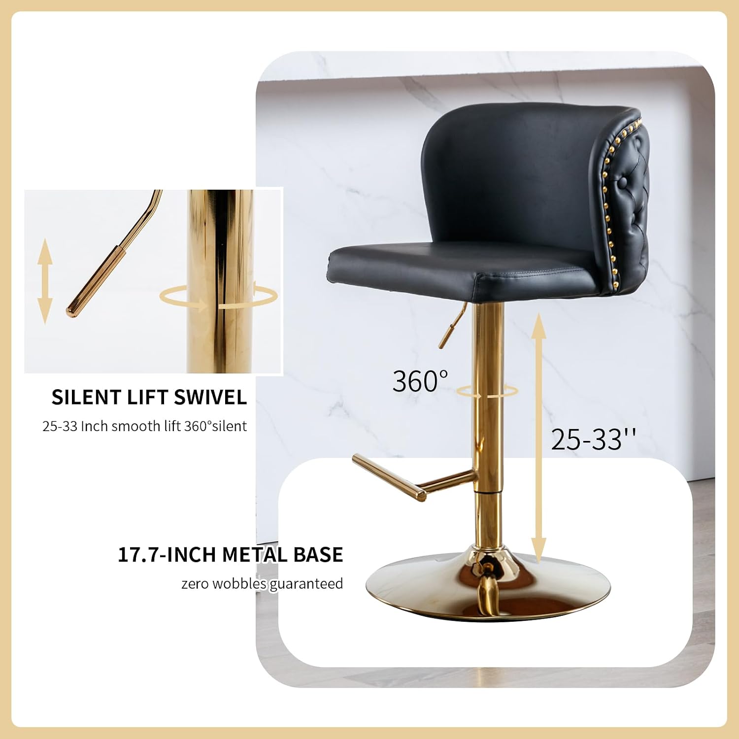 Modern Swivel Counter Height Bar Stools Set of 4, PU Leather Adjustable Kitchen Island Chairs, Black Kitchen Bar Stools with Back, Sillas para Barra de Cocina, Golden Base (Black, 4Pcs)