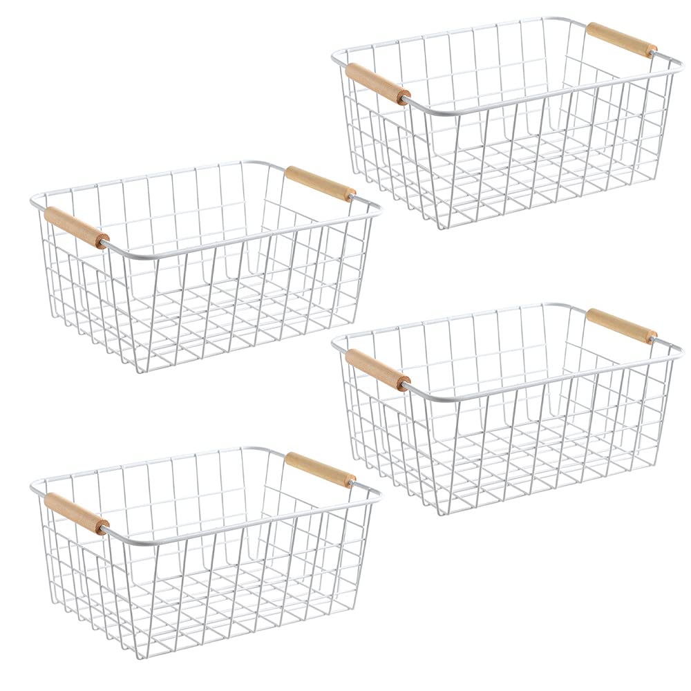 Aeggplant White Kitchen Wire Baskets Farmhouse Decor Metal Food Storage Organizer,Household Refrigerator Bin With Built-In Handles For Cabinets, Pantry,Bathroom,Closets,4 Packs (White)