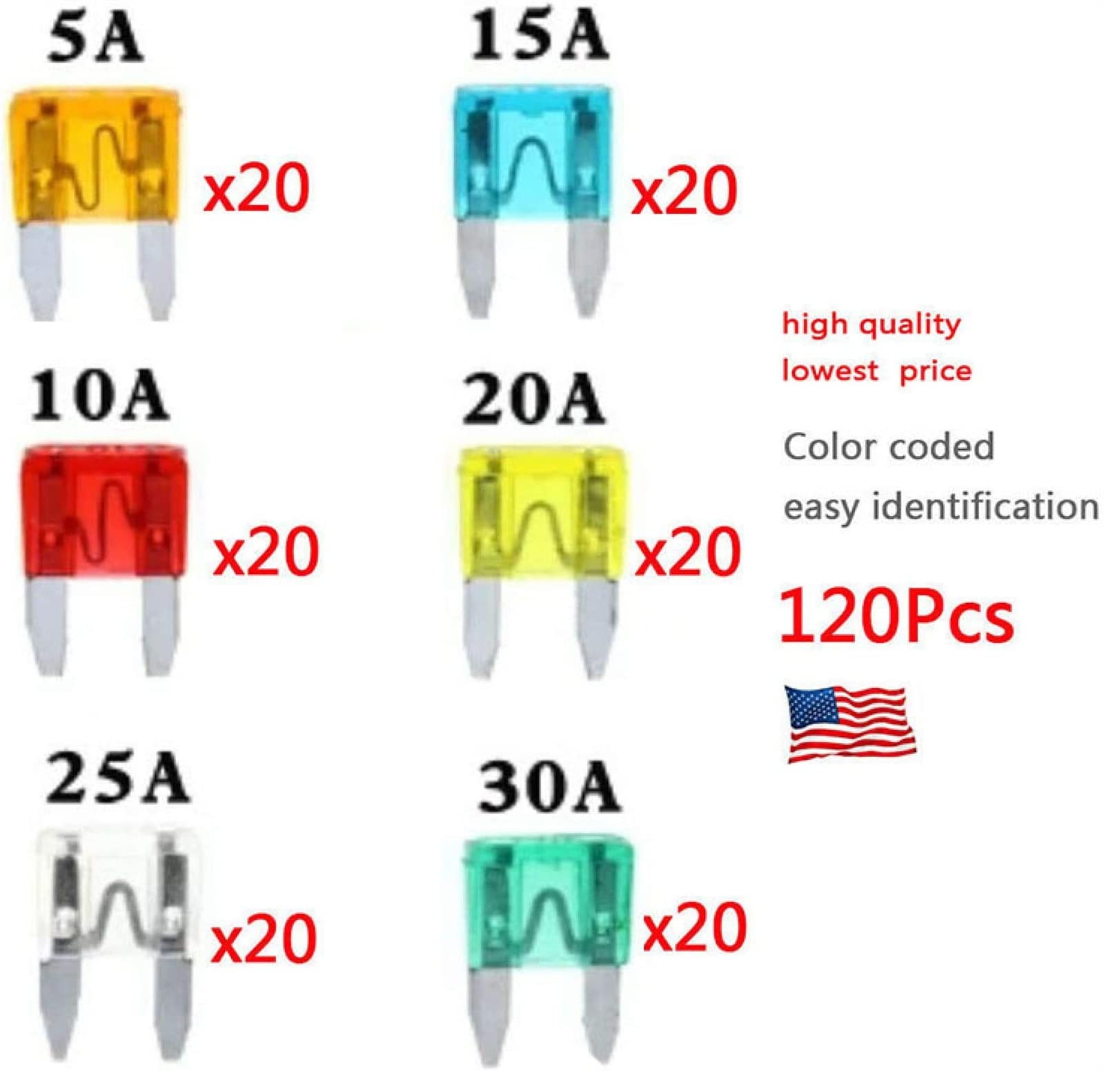 Assortimento di fusibili for Auto con Lama Piccole Dimensioni, Profilo 120 Pezzi, Set for Fusibile 5/10/15/20/25/30A Scatola plastica