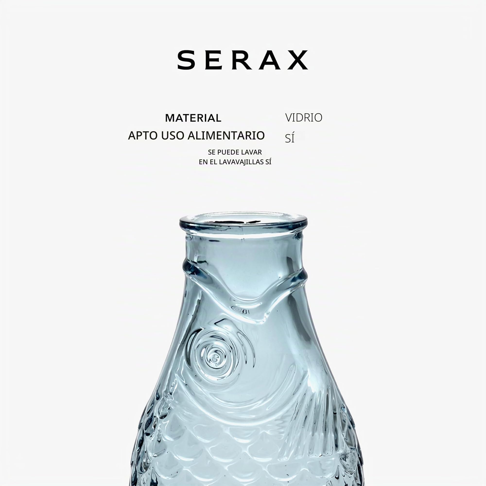 Jarra de vidrio para agua | Colección Fish & Fish de Paola Navone | Jarra 850ml | Botella azul transparente para bebidas | Adecuado como jarrón