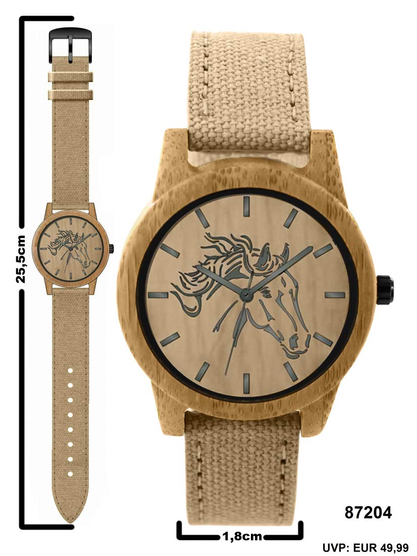 Pacific Time Damen Armbanduhr Pferd Holz Canvas Uhrenarmband Textil beige analog Quarz 87204