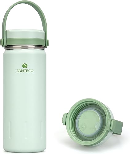 SANTECO Botella de agua de acero inoxidable de 13 onzas con asa, doble pared aislada, botella de agua con personalidad elegante, boca ancha, diseño