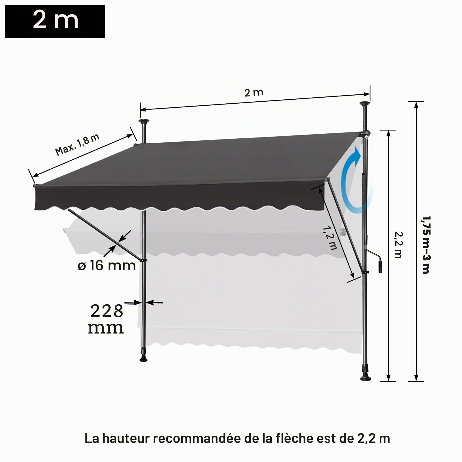 LZQ Store de balcon rétractable manuel, à manivelle, réglable en hauteur, résistant aux UV, sans perçage, 100 % polyester, gris foncé, 200 x 120 cm