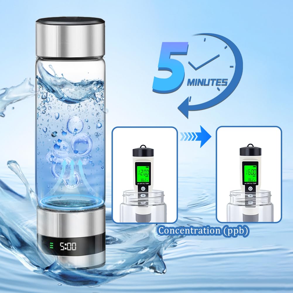 Bouteille d'Eau Hydrogénée Portable 460 ML, Ioniseur d'Eau avec Technologie SPE/PEM, Génération d'Eau Riche en Hydrogène Haute Concentration en 5 Minutes, Usage Maison, Bureau et Salle de Sport