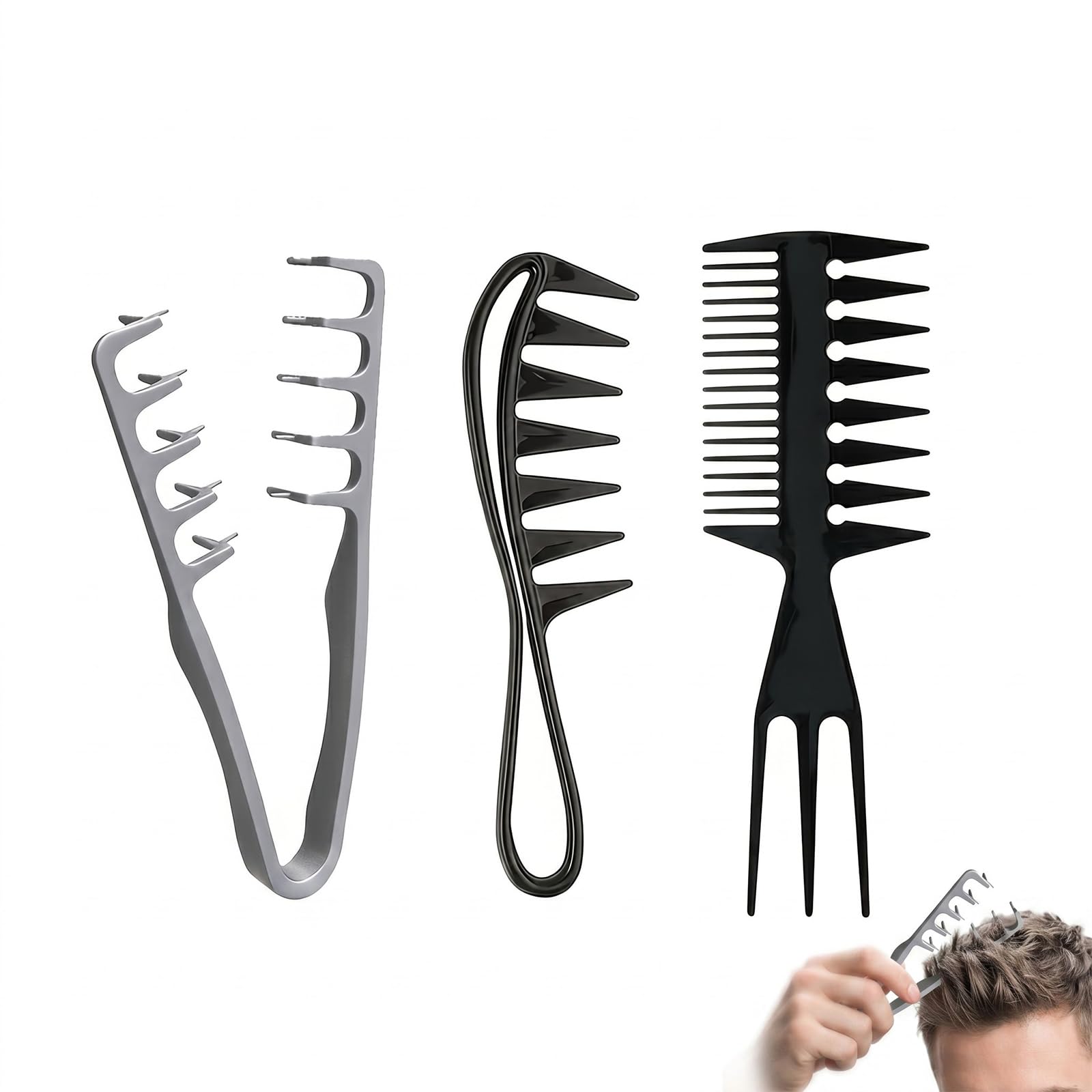 Pettine Uomo Set 3 Pezzi per Styling e Volume: Denti Larghi e Texture per Ciuffo Graffiato, Capelli Mossi e Ricci, Kit Professionale Nero Grigio