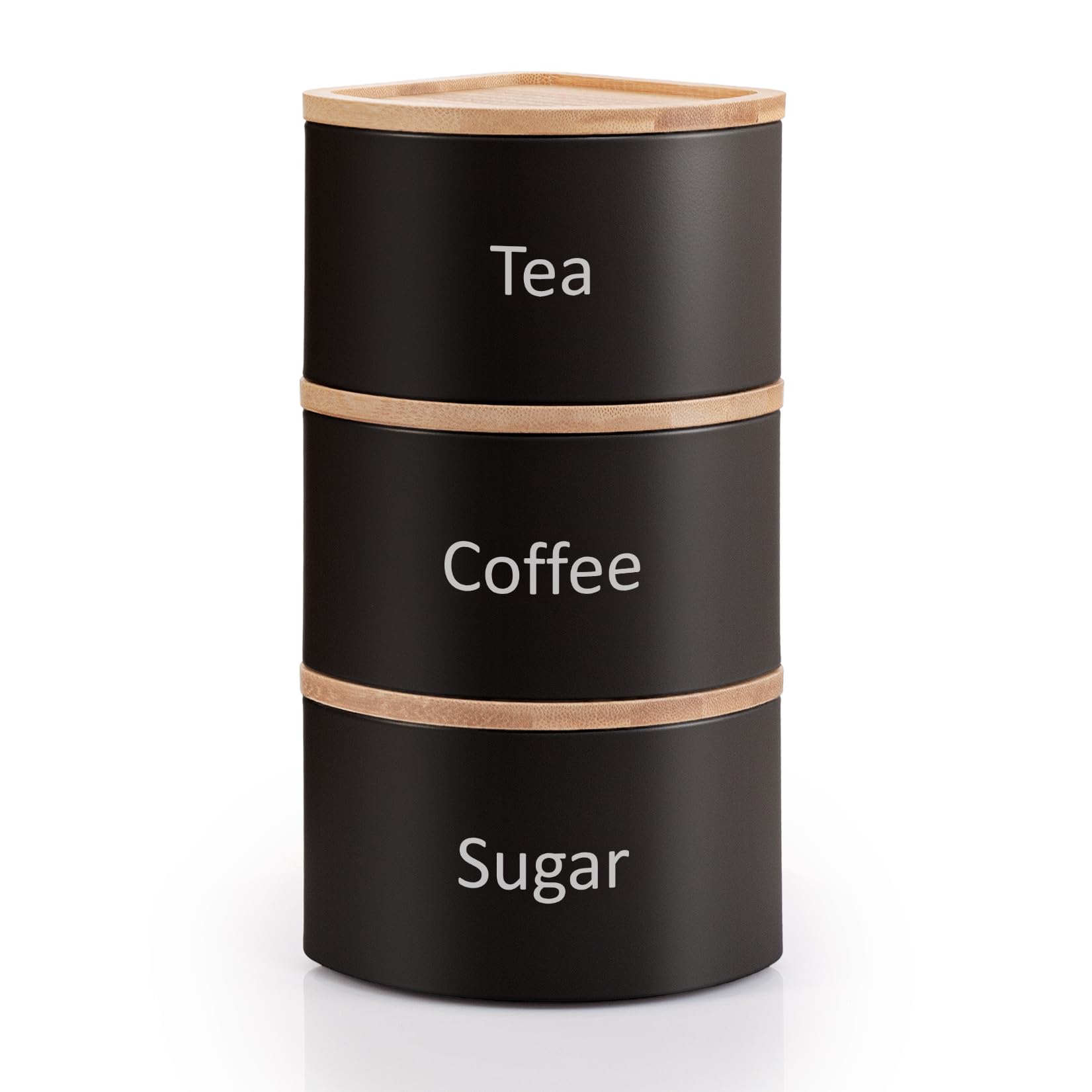 EHC Tea Coffee Sugar Canister Set, Set of 3 Stackable Kitchen Canisters Sets, Airtight Jars Easy Open Corner Space Saving Design, Black