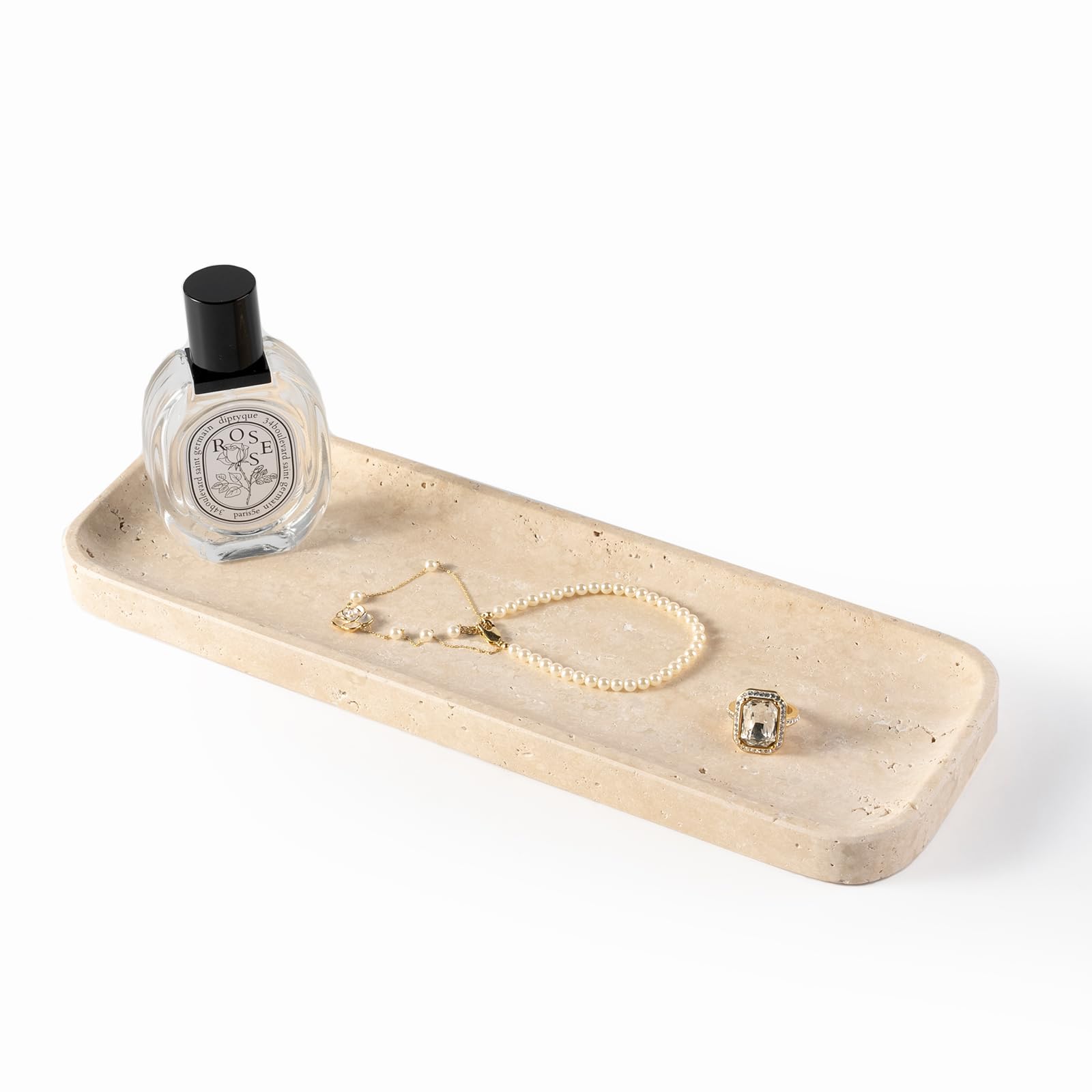 Plateau rectangulier en travertin beige pour rangement de cuisine