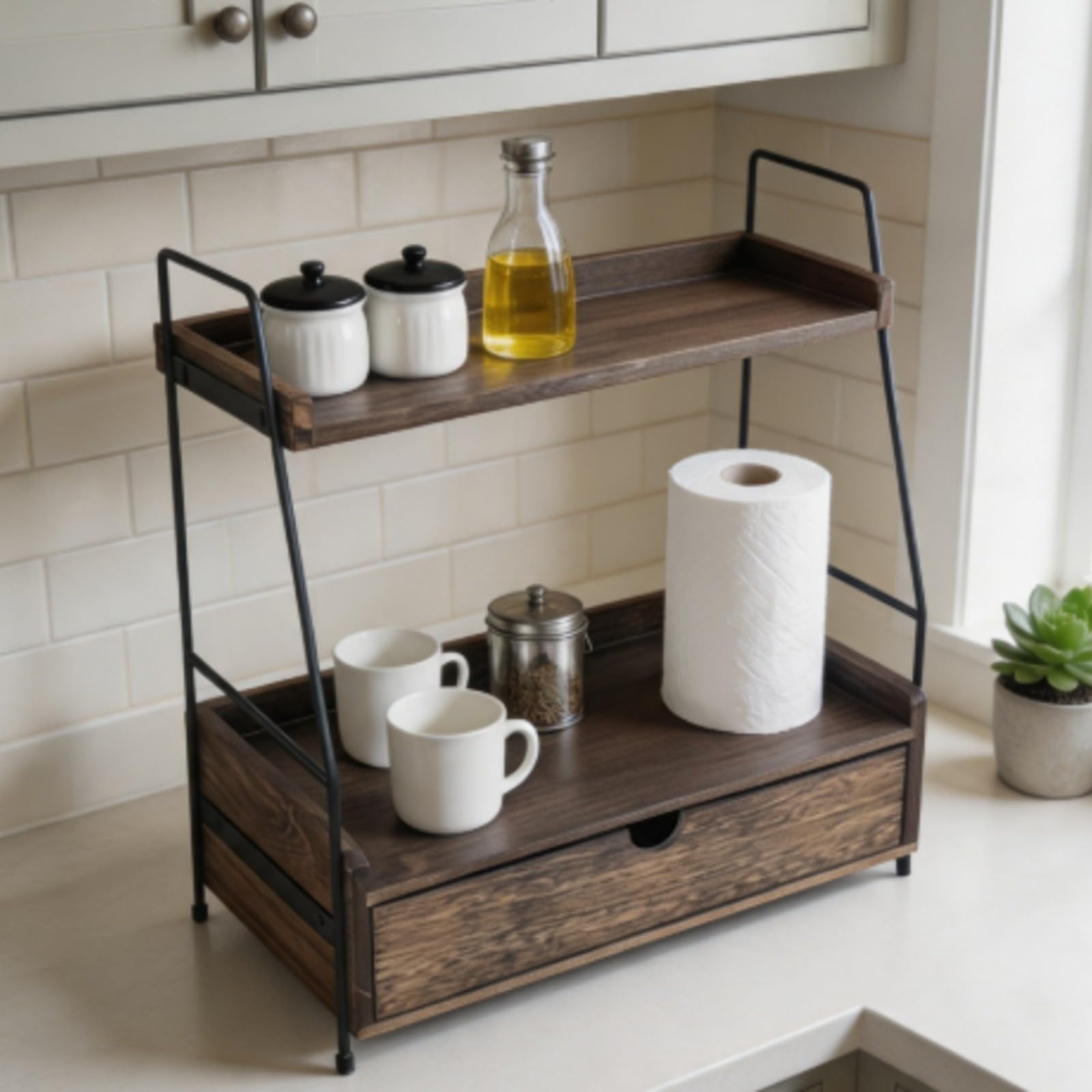 Organizer da Scrivania con Cassetto Inferiore Moderno oggetti da Tavolo in Legno e Met Compatto Struttura di Archiviazione per Bagno