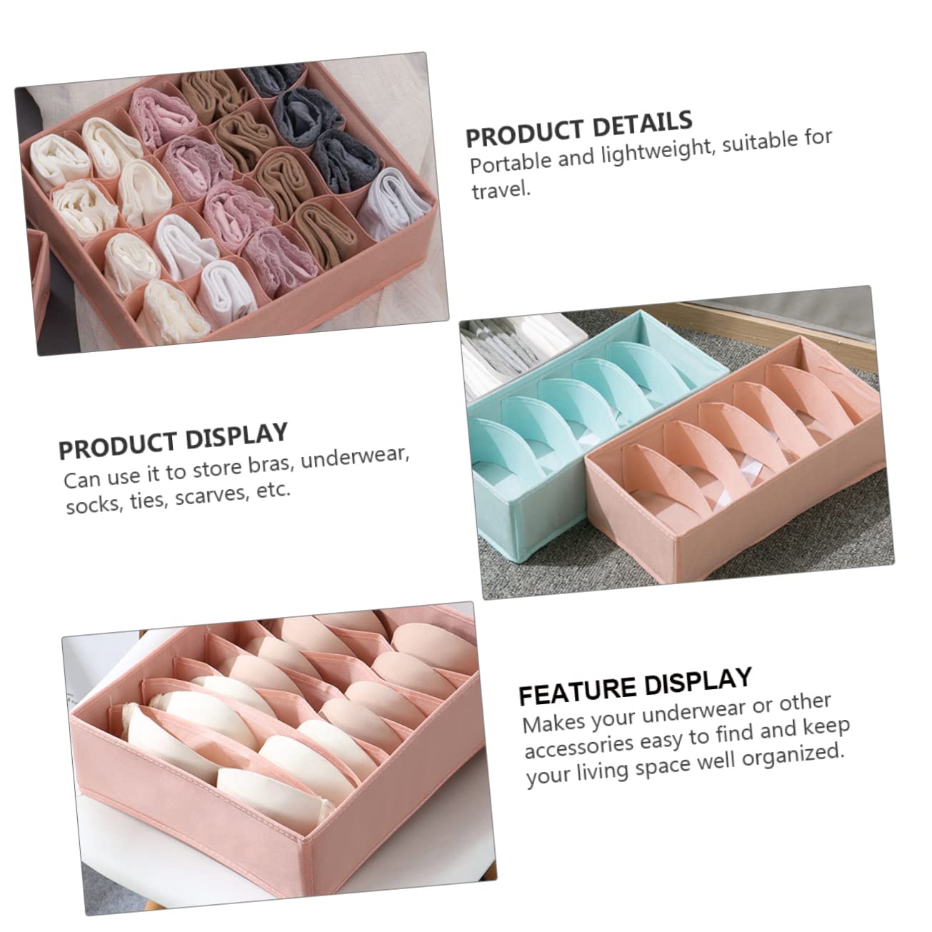 Aufbewahrungsbox für Unterwäsche 3 Stück Rosa aus Vliesstoff | Fächerdesign, für Schrank und Schublade, 1 Satz für Bhs, Accessoires und Reise