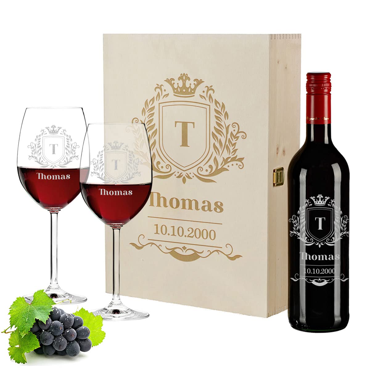 Wein Geschenkset 4-TLG | Gravierte 700 ml Weinflasche mit Holzkiste und 2 Weingläser | personalisiertes Geschenk | Jubiläum | Motiv Wappen