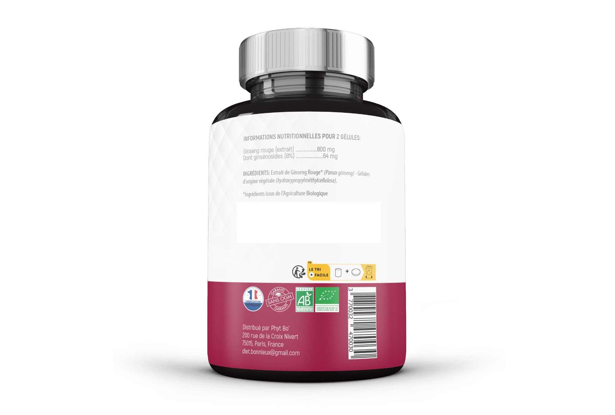 Phyt Bo’ Ginseng Rouge Bio Panax – 90 Gélules Végétales – Qualité Premium – Pur et Naturel - Certifié Bio – Sans Additifs ni Conservateurs