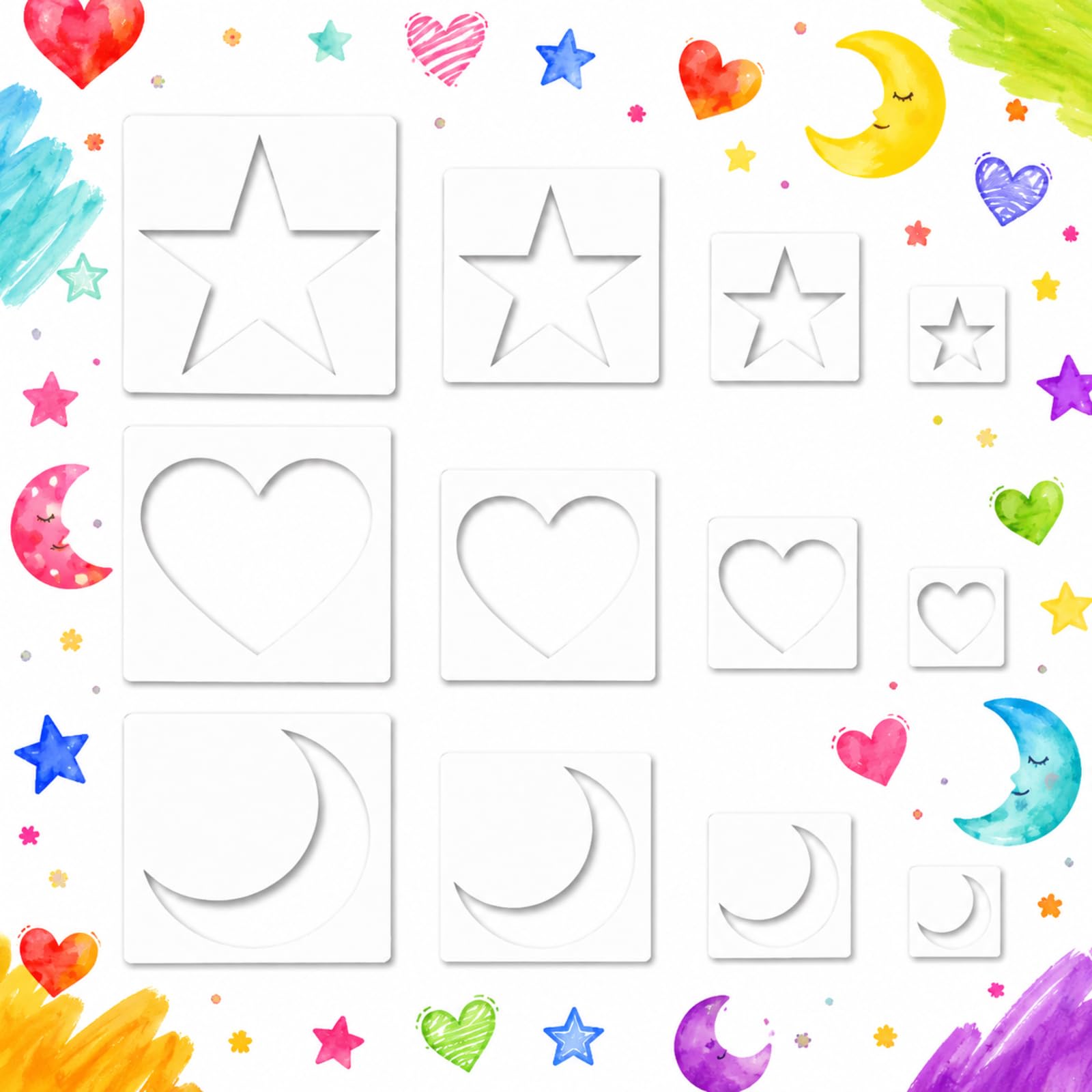 12 Pack Reusable Star Moon Heart Stencils, PET Plastic Painting Templates in 4 Sizes, Washable Flexible Drawing Stencil Set for Wall, Wood, Fabric, Canvas and DIY Crafts