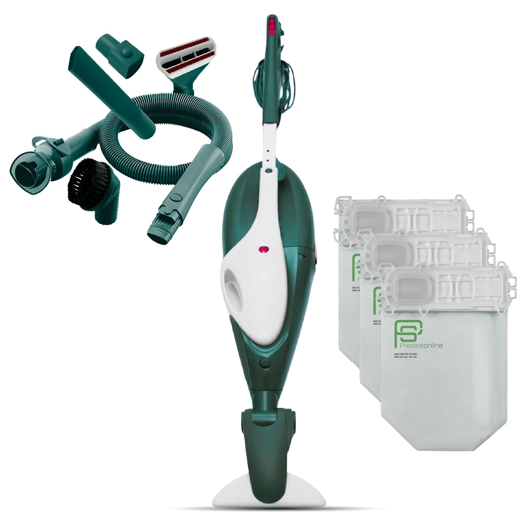PIESSEONLINE Aspirapolvere Folletto VK136 -RICONDIZIONATA- + Spazzola HD35 CON RUOTE, Ideale Per Tutti i Pavimenti, Cavo Estraibile 7m, 2 Velocità, Filtro HEPA, Igienizzato, 12 SACCHETTI + KIT TUBI