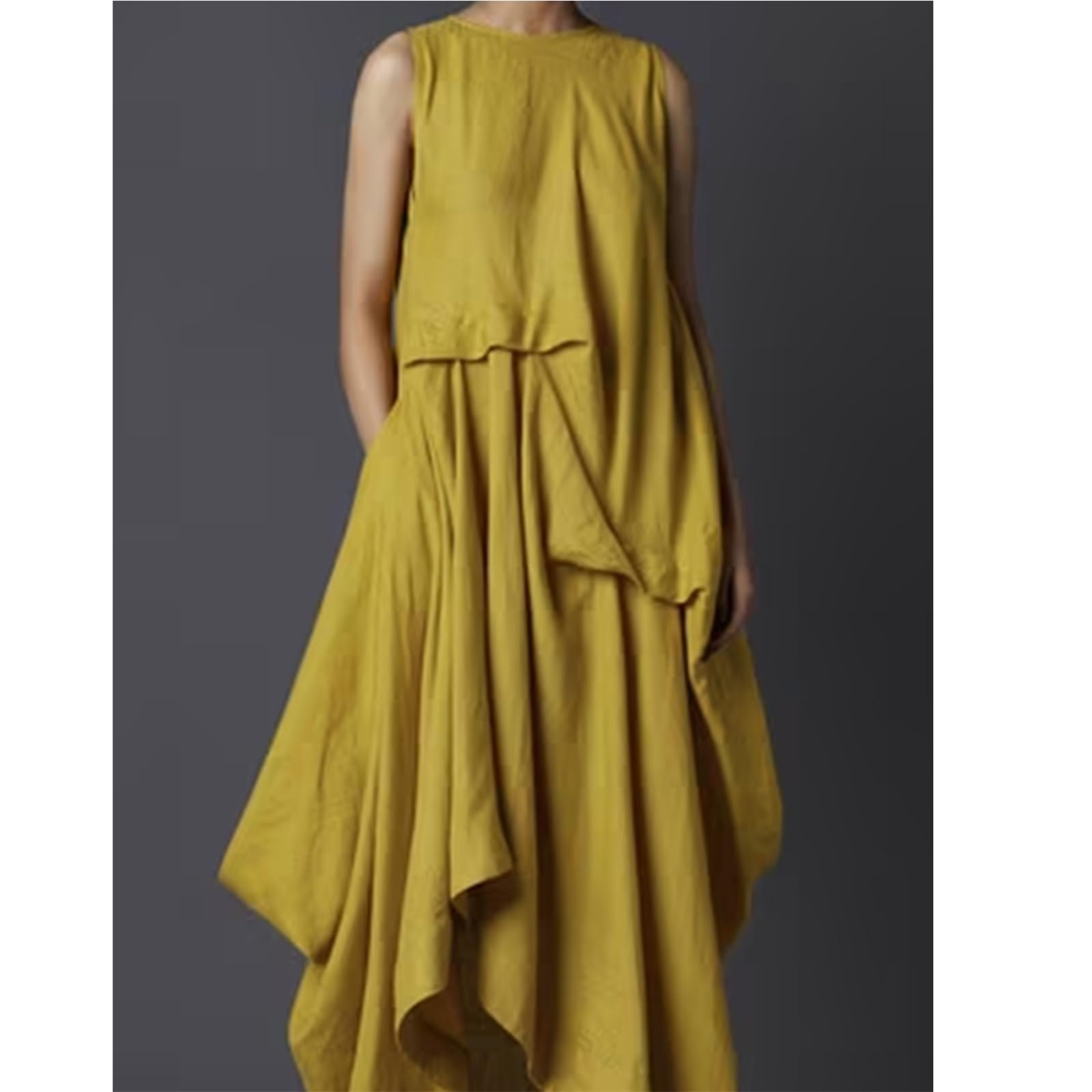 Vestido Sin Mangas Vestido de Verano con Bolsillos for Mujer, Cuello Redondo botón en la Espalda, Irregular, Largo, Elegante e Informal, Suelto, sin Mangas para la Mujer