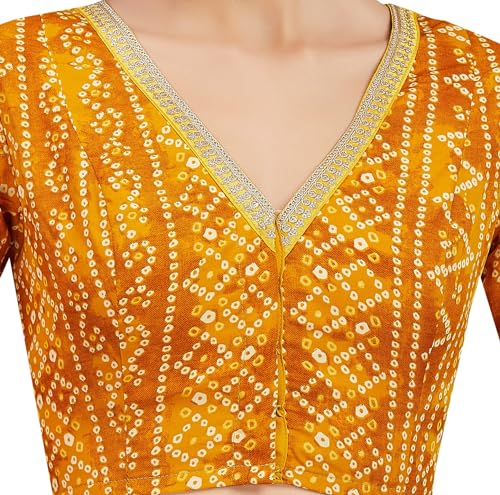 Image of Studio Shringaar Women's Cotton Bandhni Printed & Embroidered Saree Blouse With Elbow Length Sleeves