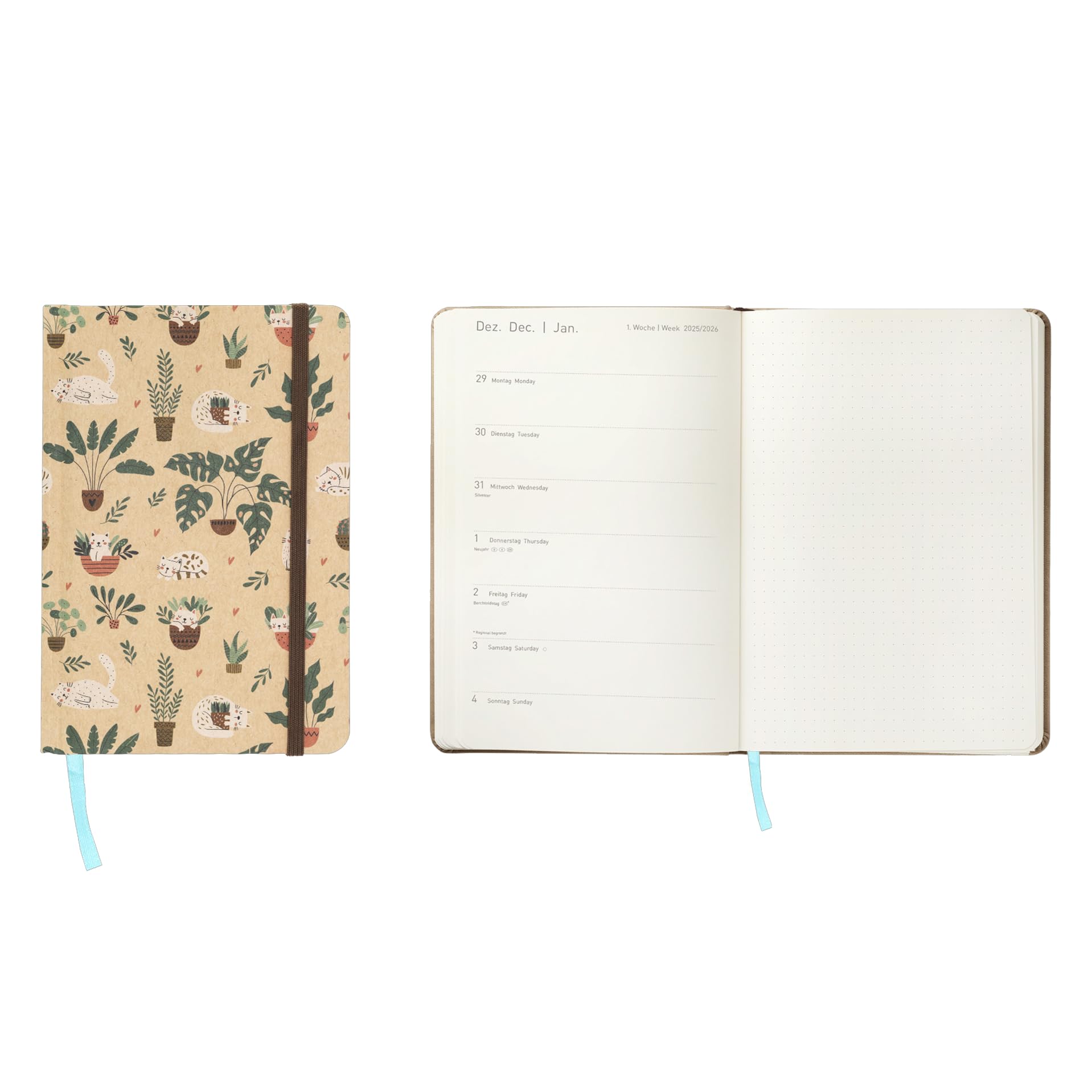 Idena 12069 Pocket Diary 2026 in Format 9 x 14 cm, 1 Week on 1 Page, Diary in Light Brown with Cat Motif, Elastic Band, Inner Pocket and Bookmark