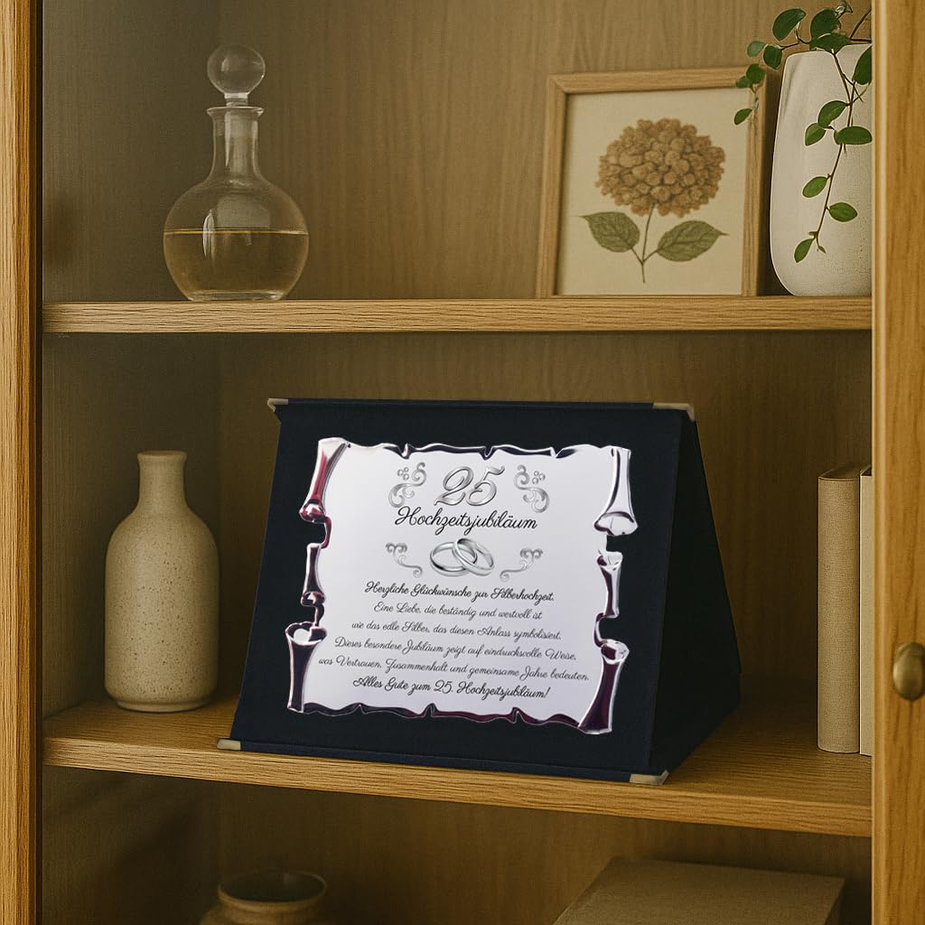 25. Hochzeitsjubiläum – Geschenk zur Silberhochzeit für Eltern, Großeltern & Freunde – Elegante silberfarbene Pergamenttafel in Samtbox – Besondere Erinnerung zum Ehejubiläum (Blau, 25 Hochzeit)