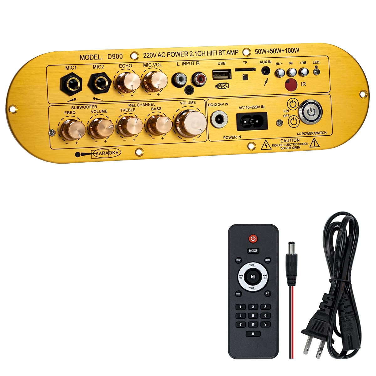 D900 2.1 Channel Bluetooth Receiver Amplifier 220W×2 + 350W Subwoofer, Hi-Res Audio Class D Amp with USB/AUX/USB Input, Bass Treble Control for Home Theater DIY Speakers