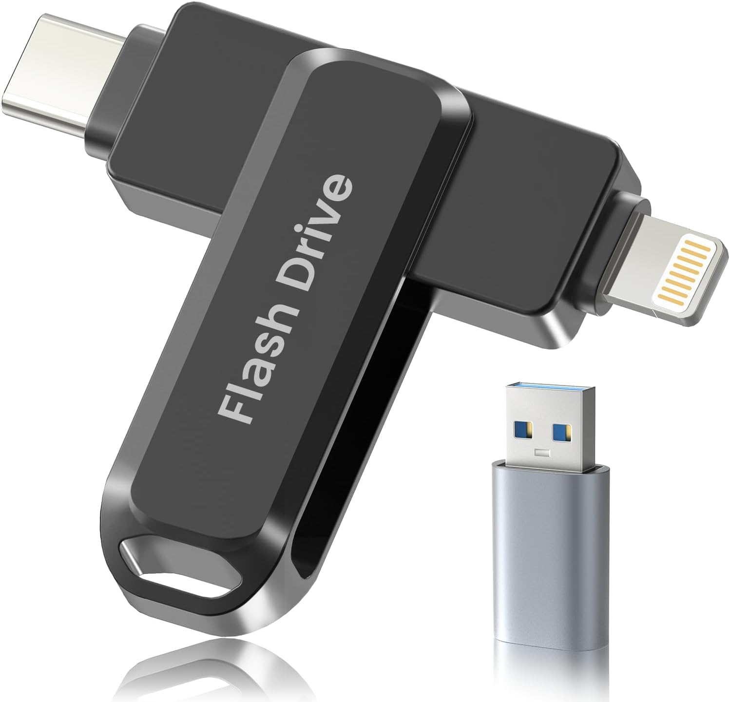 Unidad USB de 512 GB con certificación MFI (negro) - Compatible con iPhone, iPad, Android y PC, unidad flash portátil 3 en 1, memoria USB para almacenamiento de datos con ~ 484 GB de espacio