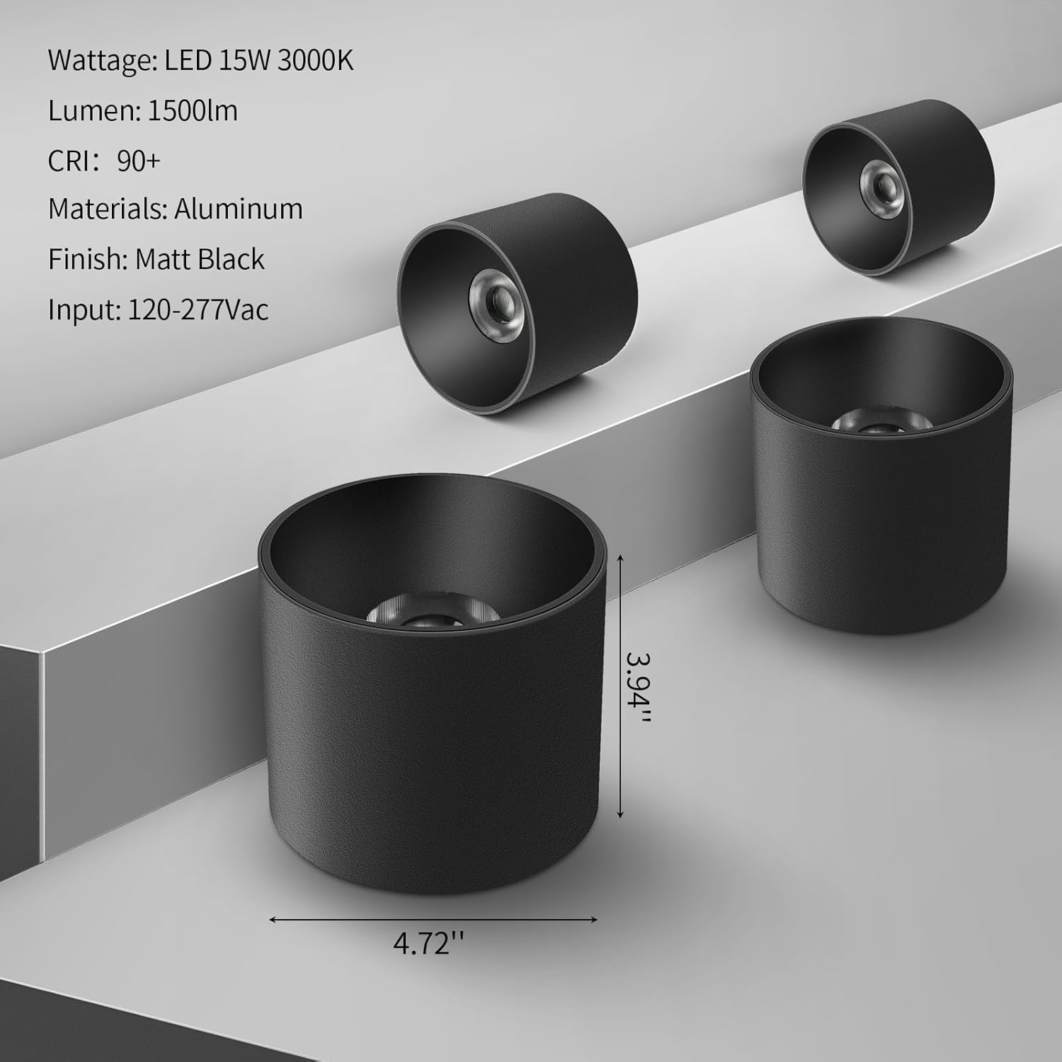 Modern Ceiling Spot Light Fixture, Dimmable Flush Mount Light 4.72'' Cylinder for Living Room, Hallway, Foyer, Dining Room - 3000K, 15W, CRI 90 (Black)