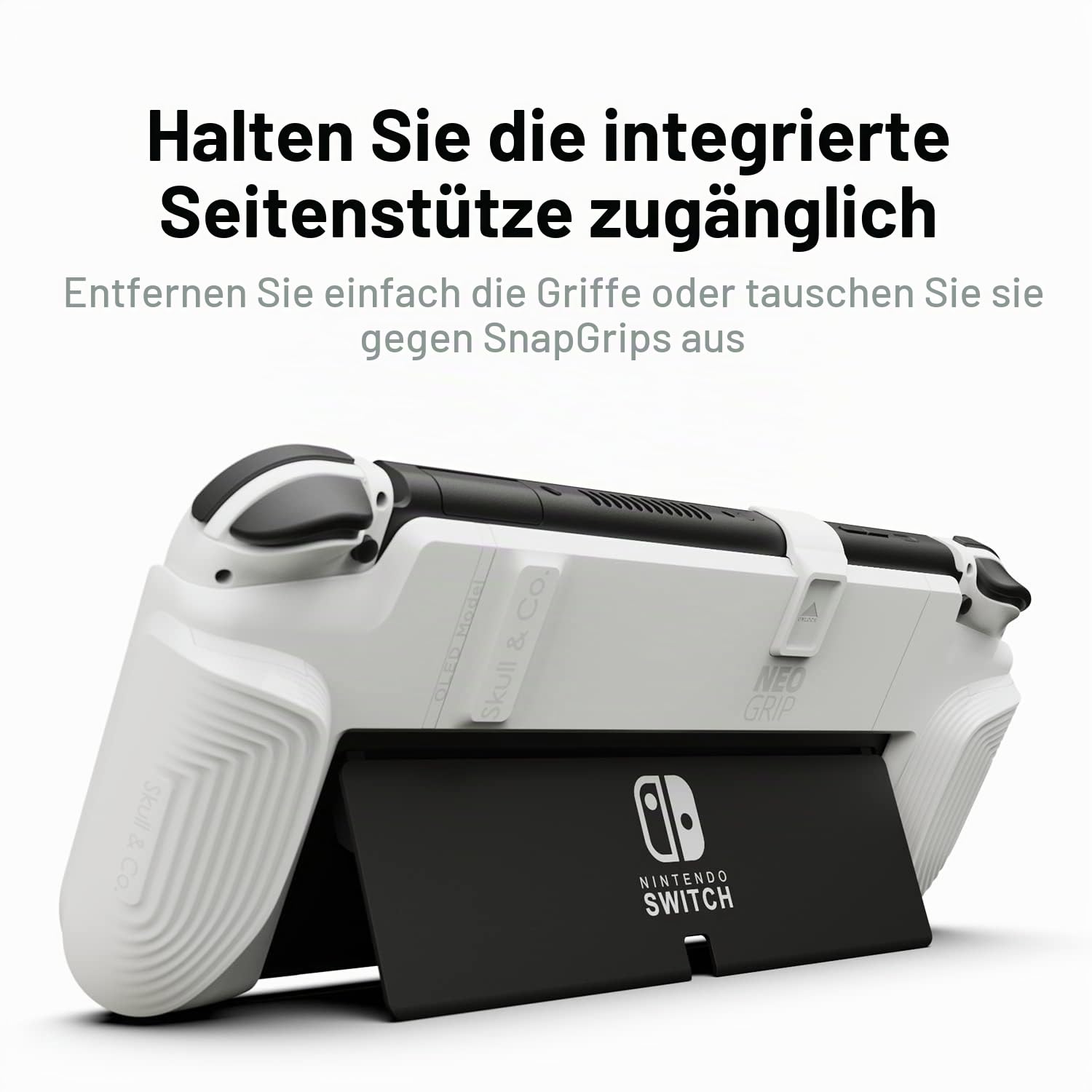 Skull & Co. NeoGrip Bundle für Nintendo Switch OLED und Regular Modell: Eine andockbare Schutzhülle mit austauschbaren Griffen [passend für alle Handgrößen] [mit Tragetasche] - OLED Weiß
