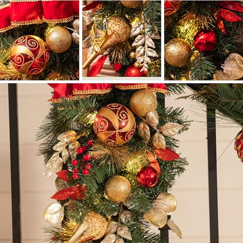Valery Madelyn Pre-Lit Christmas Teardrop Swag for Decorating Outdoor, 24 Inch Mailbox Swag Decoration with 20 LED Lights, Red Gold Ball Ornament for Front Door Stairway Window Shelf Xmas Home Decor - Image 6