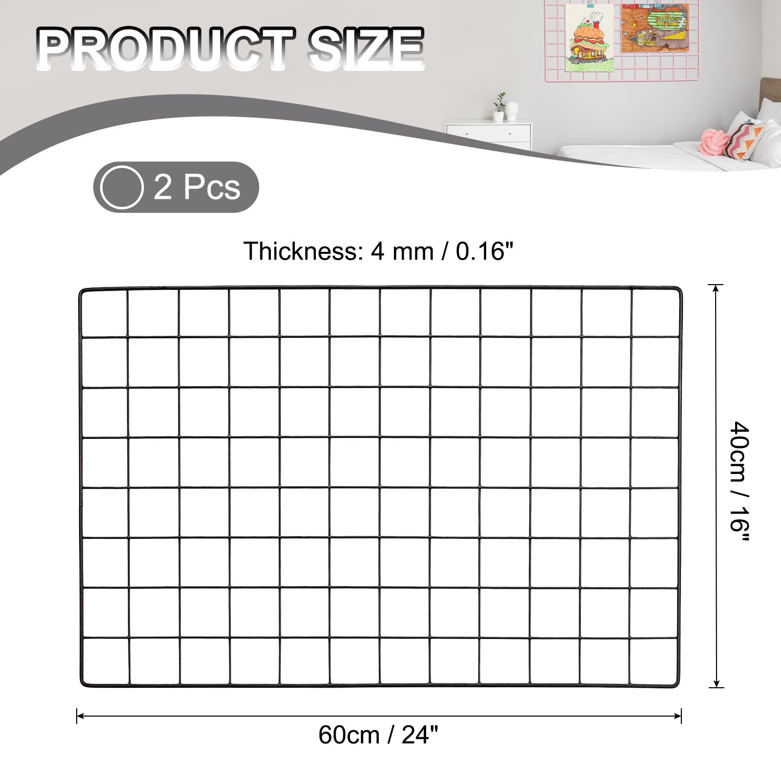 PATIKIL 60x40cm Wire Grid Panel, 2 Pack Board Photo Pictures Memo Display Grid Panels Hanging Organizer Wall Decorative Panel for Home Office Wedding, Black - Image 2