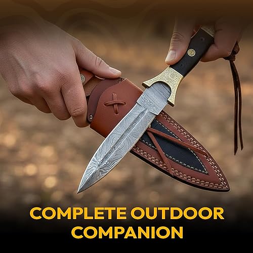 Miniatura 2 de Dessi Cuchillo de caza de hoja fija de acero de Damasco con funda para hombre, para campamentosupervivenciatácticohecho a mano, 9.5 pulgadas, SM29