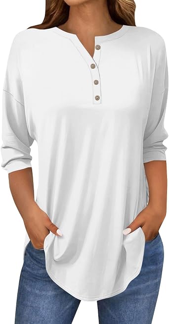 3/4 Sleeve Tops for Women Henley Neck Casual Petite Shirts Three Quarter Sleeve Spring Tee