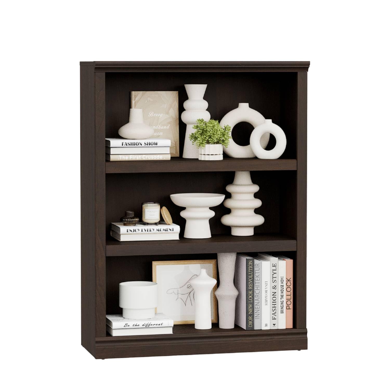 blini 3-Shelf Bookcase Wooden Bookshelves Dark Cherry 33in Wide Floor Standing Display Storage Shelves Tall Bookcase for Home Office, Living Room, Bed