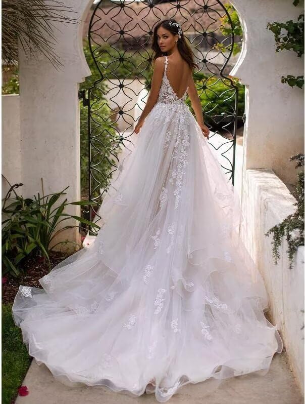 V Neck Wedding Dress for Bride Sleeveless Tulle Pleated Flowy Dress Straps A-Line Lace Applique Long Train Bridal Gown2