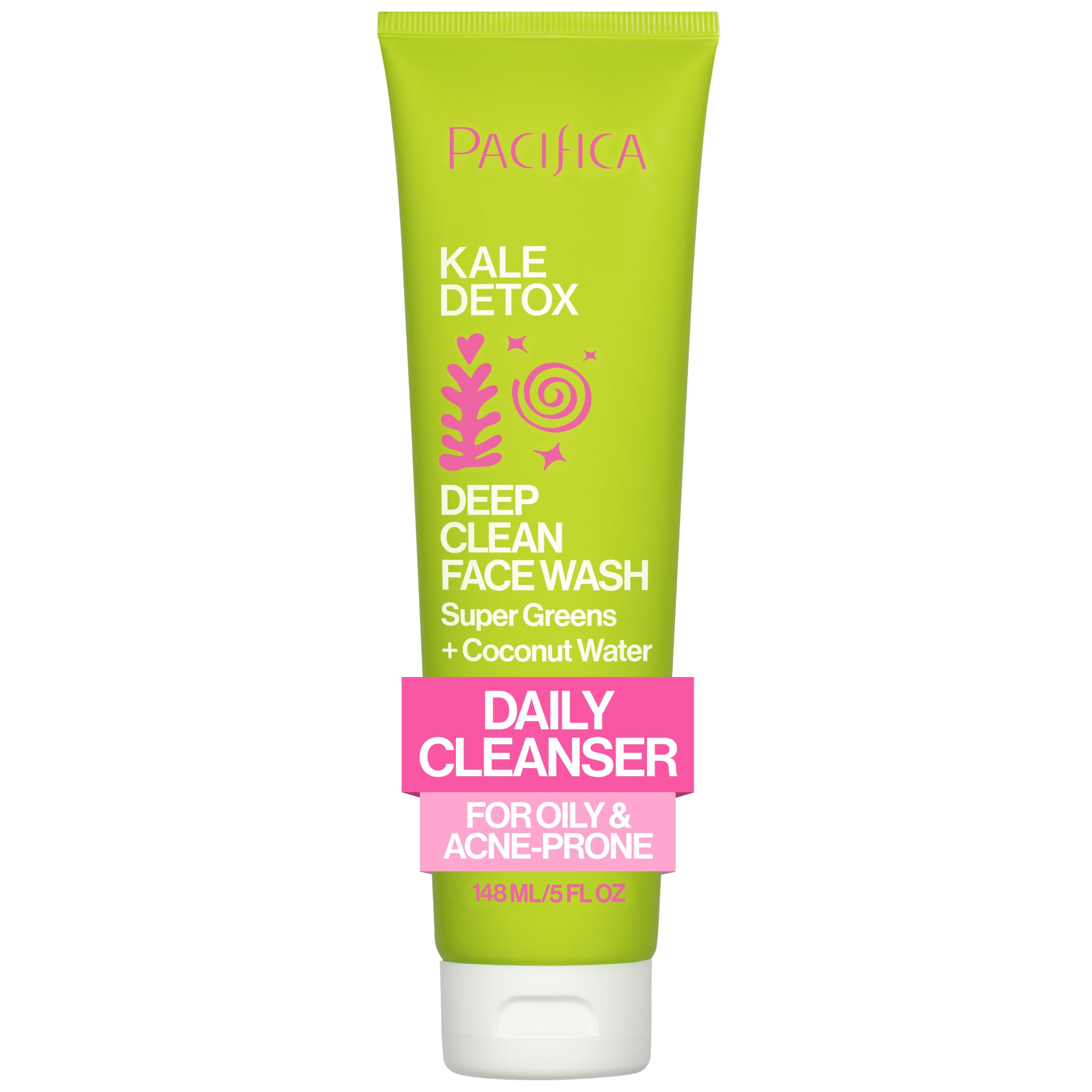 Kale Detox Face Wash for Oily & Acne-Prone Skin, Deep Cleansing Facial Cleanser & Makeup Remover with Super Greens Kale, Seaweed & Clay, 5 fl oz –Clean Beauty, Vegan & Cruelty-Free