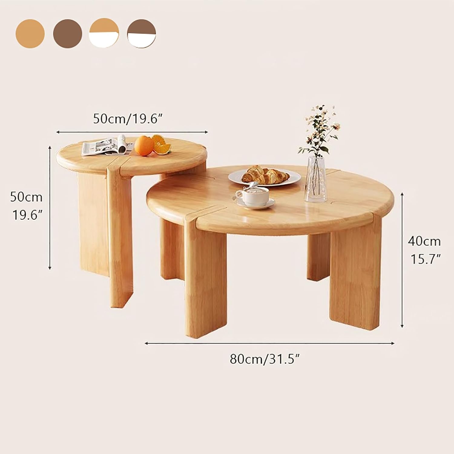Farmhouse Round Coffee Table Set of 2,Solid Wood Circle Accent Tables,Mid Century Modern Center Table for Livingroom Apartment(31.5" D + 19.6" D, Walnut)