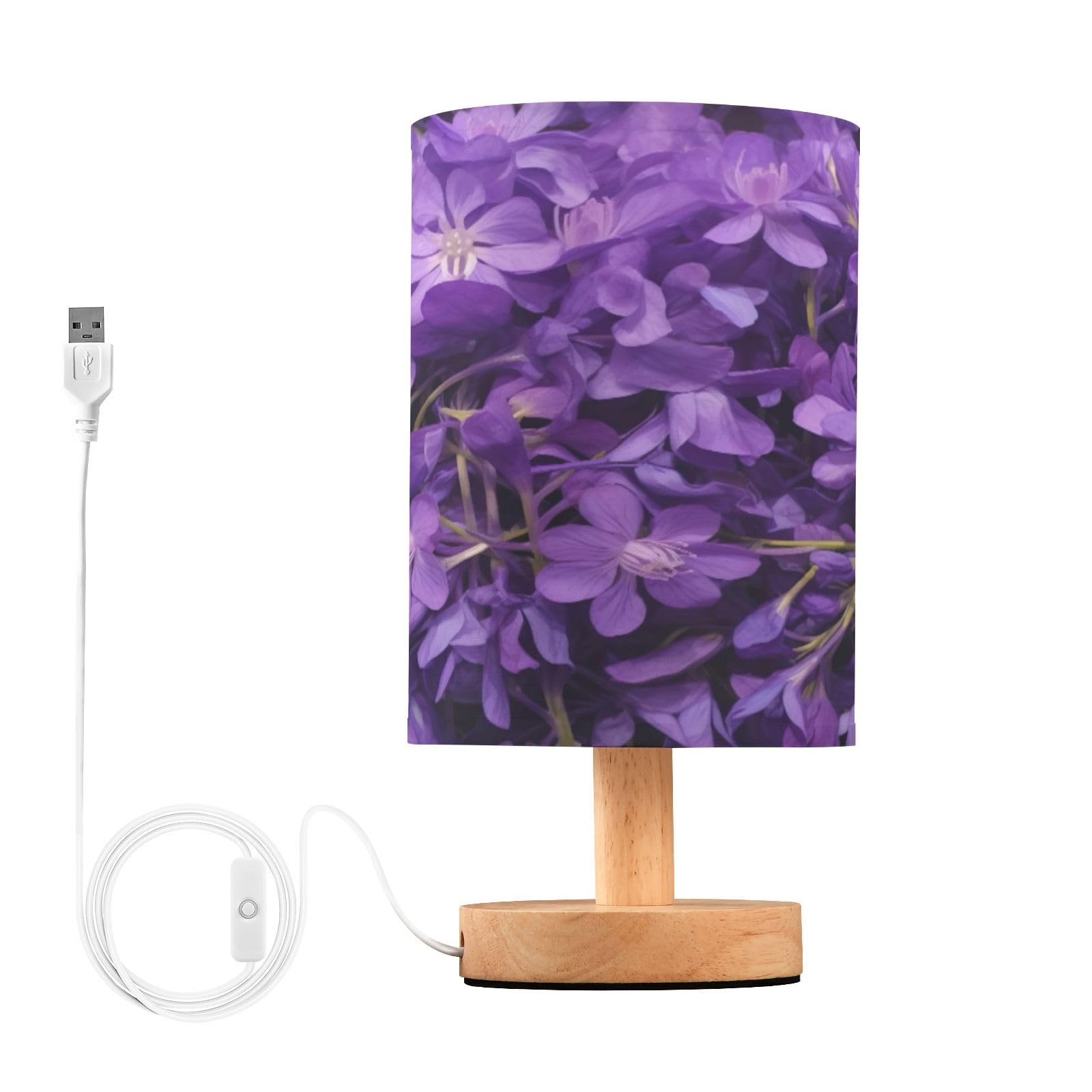SDMKA Purple Flowers Bedside Table Lamp for Bedroom, Minimalist Nightstand Lamp with Round Fabric Shade for Living Room, Office, No Bulb Required