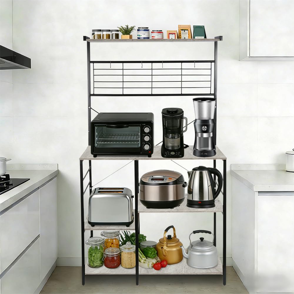 HUOLE Scaffale da cucina, mobile da cucina, bar per caffè con cesto in filo, scaffale per microonde con 8 ganci a S, per cucina, soggiorno, 42 x 90 x 167 cm (B) (aspetto calcareo)