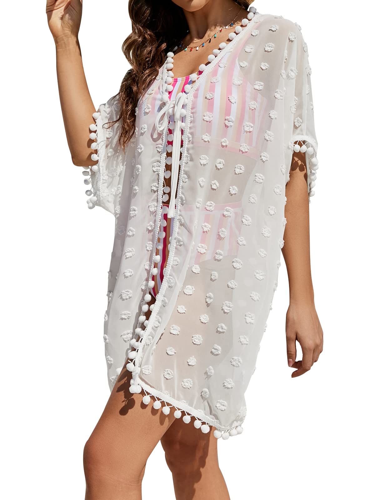 Womens Kimono Swimsuit Cover Ups Sheer Chiffon Bathing Suit Cover Up Tie Front Tassel Beach Coverups