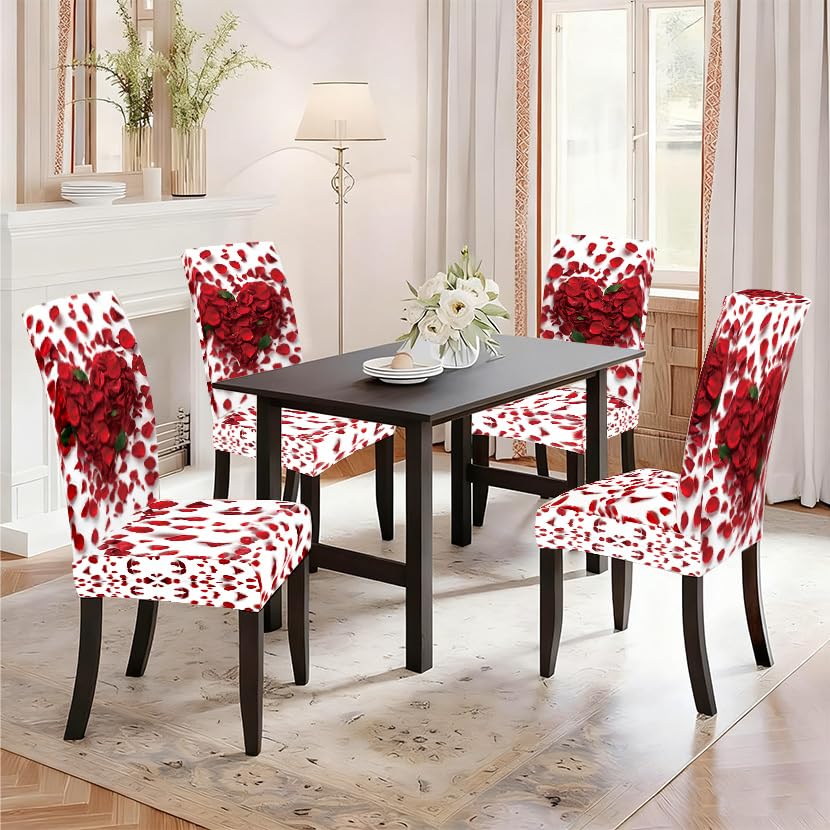Image of Red Rose Petal Heart Dining Chair Covers Set of 4 Slipcover