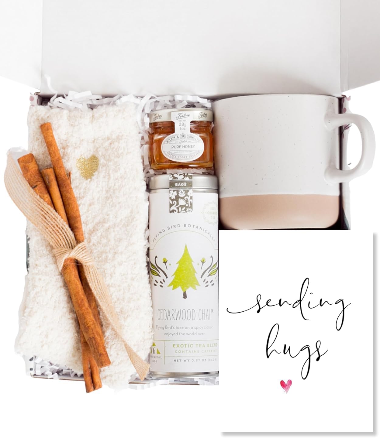 Unboxme Sending Hugs Get Well Soon Gift Basket & Care Package for Women - Self Care Gift Box with Fuzzy Socks, Ceramic Mug, Chai Tea, Honey