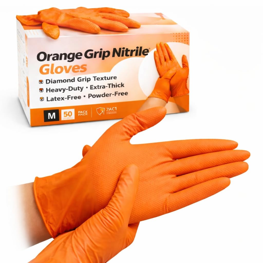 Ruiyang Nitrile Work Gloves Medium (50 Pack), Heavy-Duty Extra-Thick, Diamond Grip, Grip Non-Slip, Latex-Free, Powder-Free โ Mechanics & Automotive Use (Orange, Medium Orange - 50 Gloves)