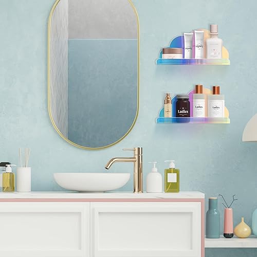 Miniatura 5 de NiHome Estantes flotantes de acrílico iridiscente, paquete de 2 estantes de nube, estante flotante grande para pared, montaje en pared y