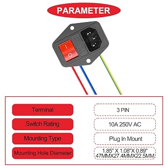 3Pcs AC 10A 250V Rocker Switch Power Socket Inlet Module Plug, 3 Pin IEC320 C14 Male Power Switch with 6Pcs Mounting Screws,9Pcs 18 AWG Extension Cord,3Pcs Fuse