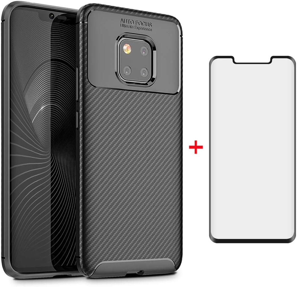 Phone Case for Huawei Mate 20 Pro with Tempered Glass Screen Protector Cover and Cell Accessories Slim Thin Rugged Soft TPU Silicone Rubber Hawaii Mate20Pro Mate20 20Pro Cases Women Girls Men Black