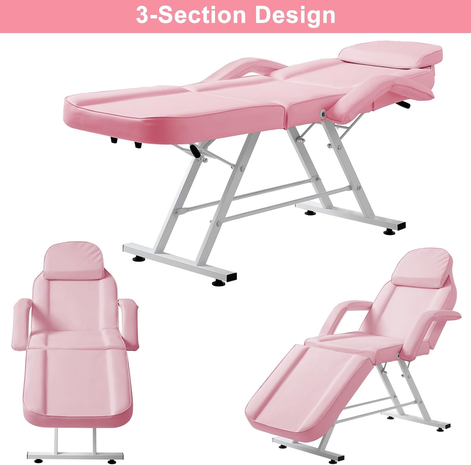 Tattoo Chair 3-Section Adjustable Salon Table with Head Cushion and Stool, Facial Chair Massage Bed, Max Weight Capacity 330lbs (Pink)