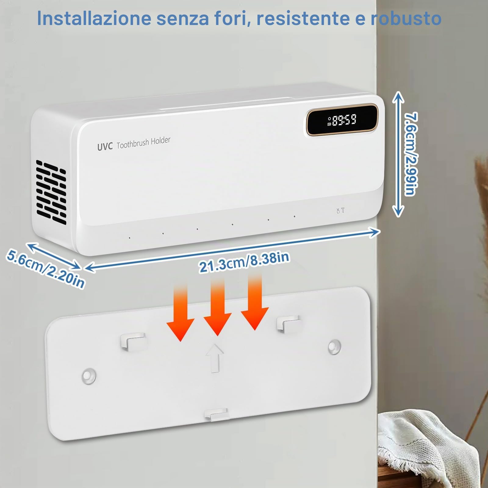 Porta Spazzolini Bagno UV, Portaspazzolino Parete, Sterilizzatore Portaspazzolino UV, Ricaricabile USB, 2000 Mah Batterie, 5+1+1 Toothbrush Slot, per i Bagni Delle Famiglie (bianco)