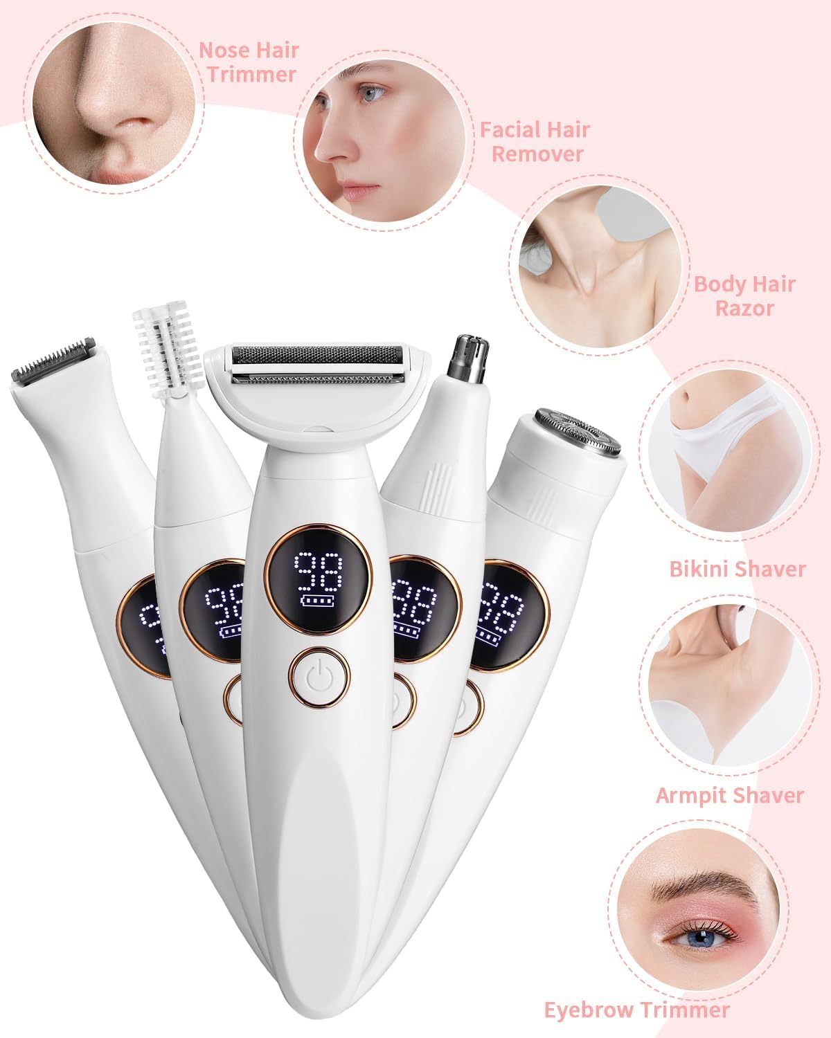 Rasoir Electrique Femme, 5 en 1 Tondeuse Femme Intime, Rasoir Femme Electrique avec Station de USB Rechargeable, Tondeuse Maillot Femme, pour Le Corps, Les Aisselles, Le Bikini, Les Sourcils et Le Nez