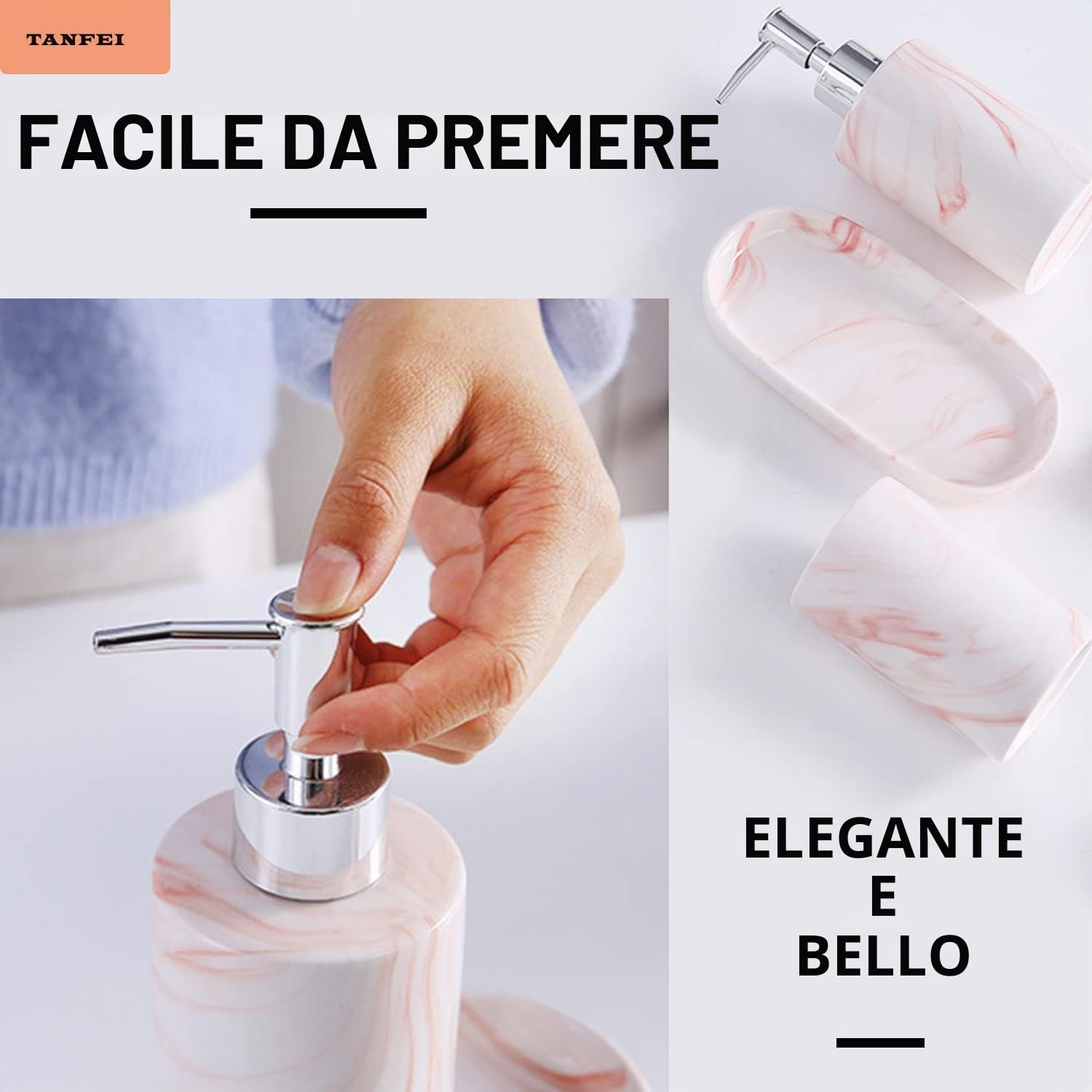 Portasapone, dispenser di sapone liquido, tazza per spazzolino da denti, set di accessori da bagno in marmo e ceramica (rosa)