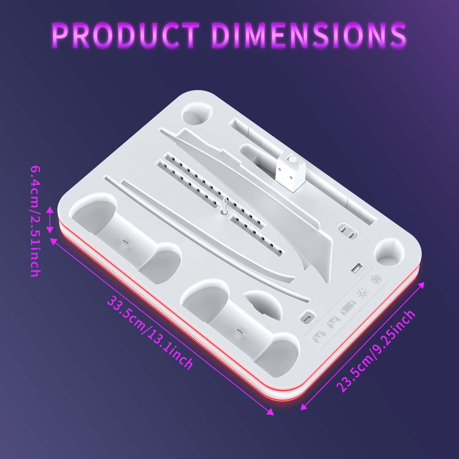 Supporto per PS5/Slim/Pro con Ventola di Raffreddamento Regolabile, Base di Ricarica Joystick per PS5 con RGB, Stazione di Raffreddamento Multifunzionale PS5 Slim con Caricabatterie