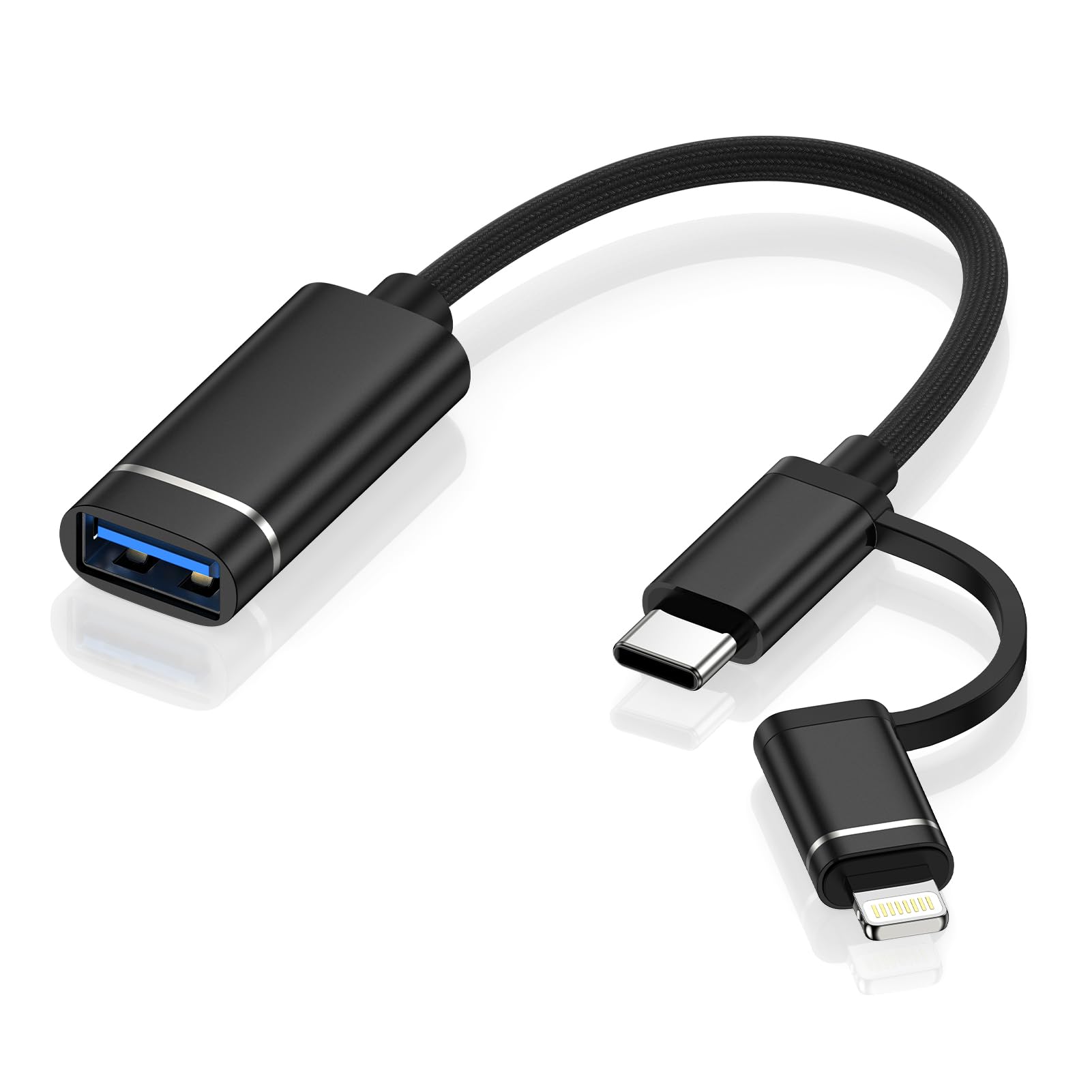 Lightning & タイプc USB変換アダプター 2-in-1 MFI認証 iPhone/Andriod用 usb 変換 OTG機能対応 高速データ転送 usb3.0 Lightning usbCオスに USB-Aメスアダプター otg分岐ケーブル アルミ合金外/ナイロン 設定不要 写真/動画/音楽 USBメモリ/カメラ/マウス/マイク iPhone17-8など対応 USB二in一OTG